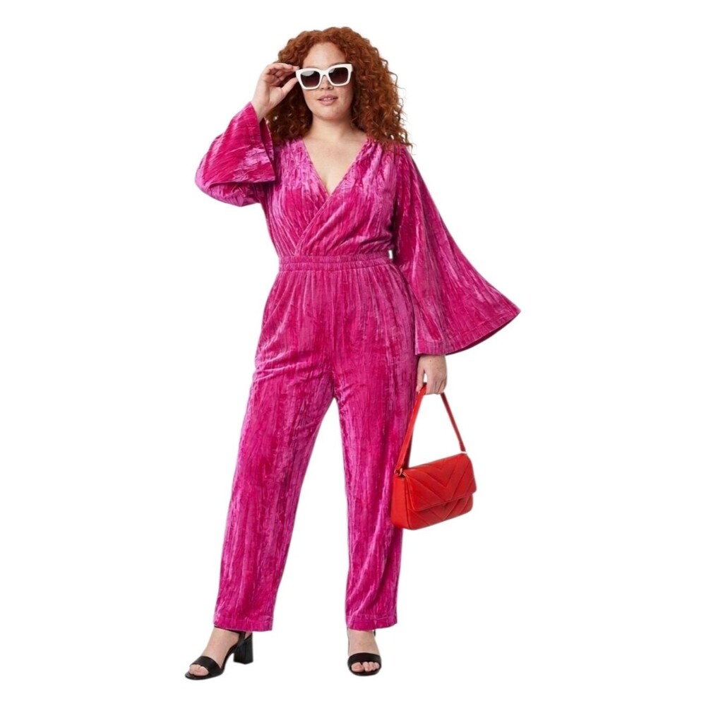 A New Day Women's Bell Sleeve Velour Jumpsuit NWT Hot Pink M Lush Party Suit